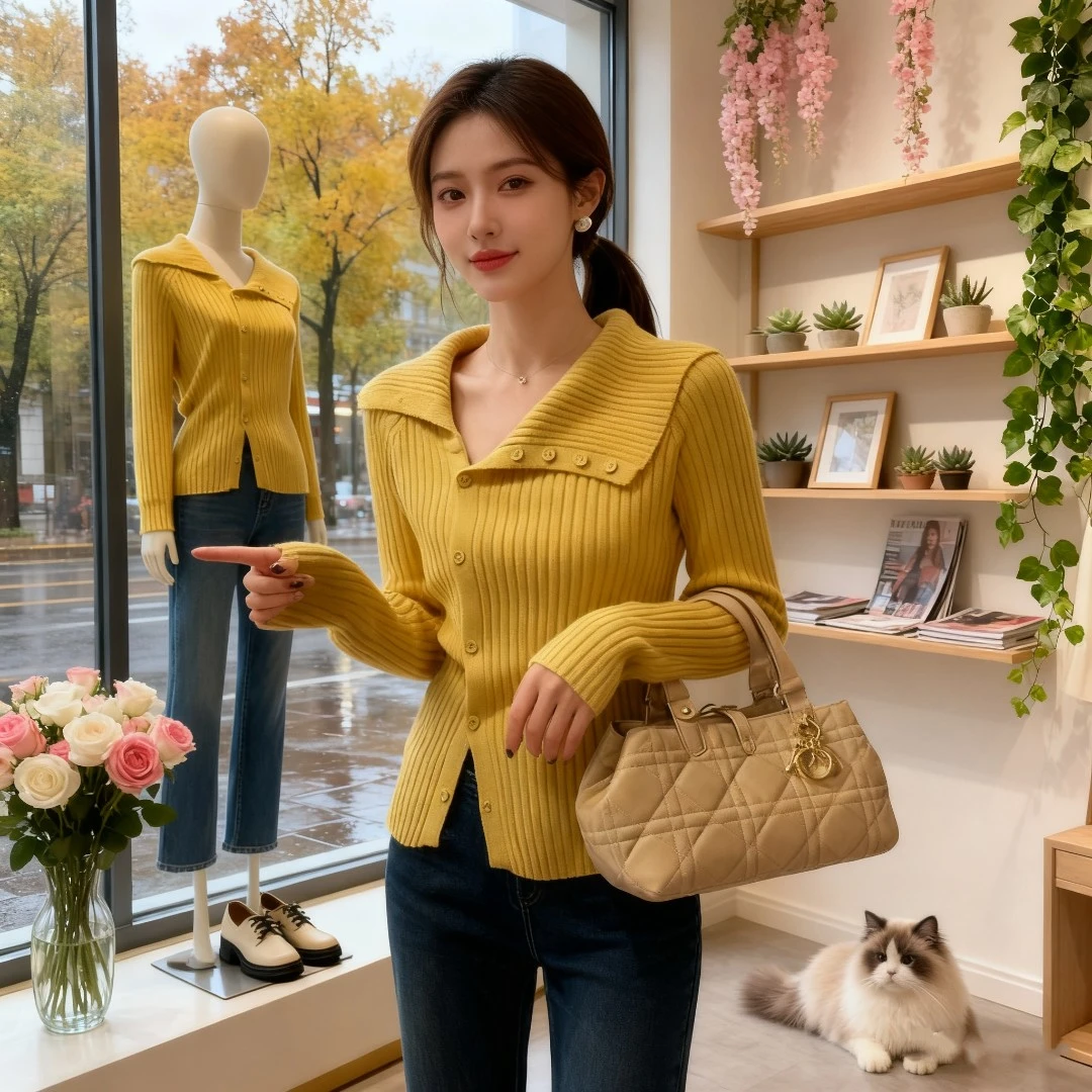 大码女装秋季新款修身显瘦小衫上衣胖mm不规则翻领毛衣针织衫长袖