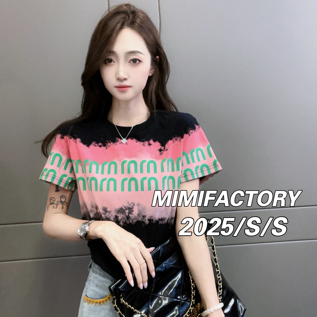 芈芈 2025新款短袖 欧货满印短袖T恤女修身显瘦时尚百搭上衣#2727