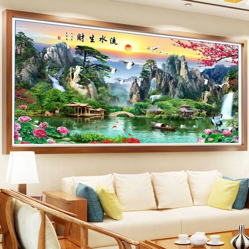 1.47大纯手工绣好十字绣成品715流水生财客厅挂画