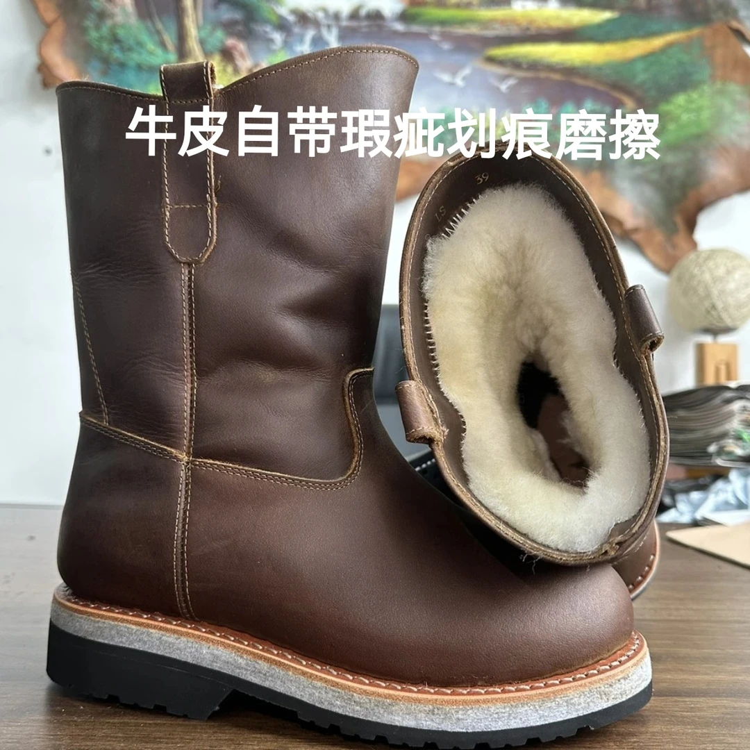 微瑕冬季牛皮羊毛雪地靴男款固特异羊毛马靴蒙古靴零下40度防寒靴