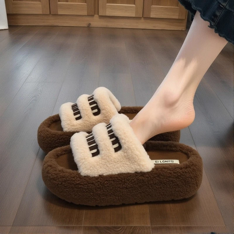 【羊羔绒】厚底毛毛拖鞋女外穿洋气秋冬加绒拼色防滑软底网红棉拖鞋