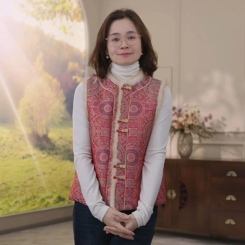 【八达晕宋锦水貂毛马甲】新中式高端马夹背心女夹棉上衣YYXM145