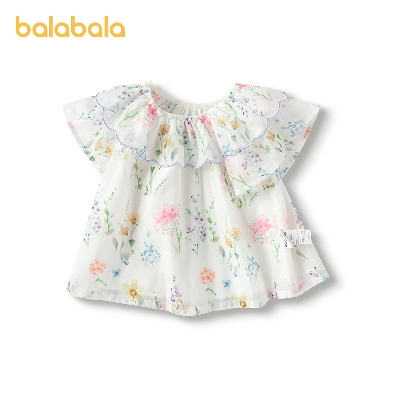 巴拉巴拉童装儿童短袖衬衫雪纺衣服A型印花法式上衣女童夏装甜美