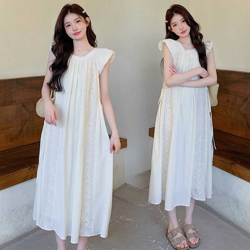 孕妇装2025新款甜美减龄小飞袖长裙夏季法式设计感褶皱宽松连衣裙