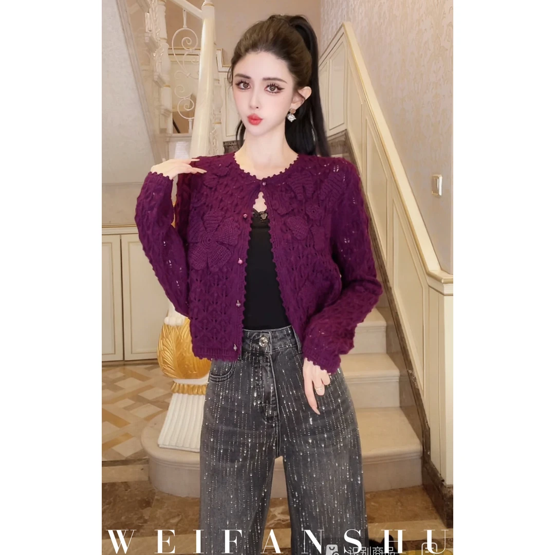 WEIFANSHU/魏凡舒【胶片记忆】早秋新款镂空针织百搭显瘦毛衣开衫