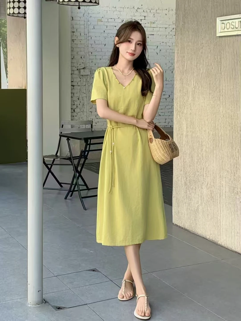 【钰姐精选】笑思9853-V领简约气质收腰显瘦连衣裙夏季时尚法式