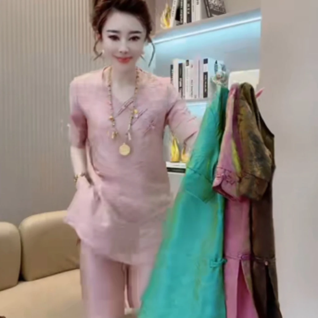 套装夏季气质显瘦中国风短袖上衣搭配侧开叉盘扣直筒八分裤套装