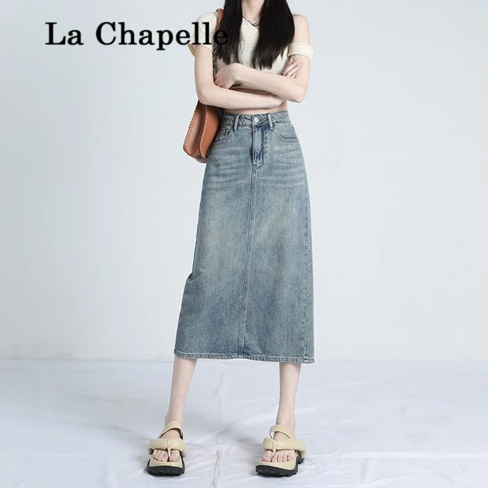 拉夏贝尔高腰后开叉牛仔半身裙女辣妹百搭中长款a字包臀裙