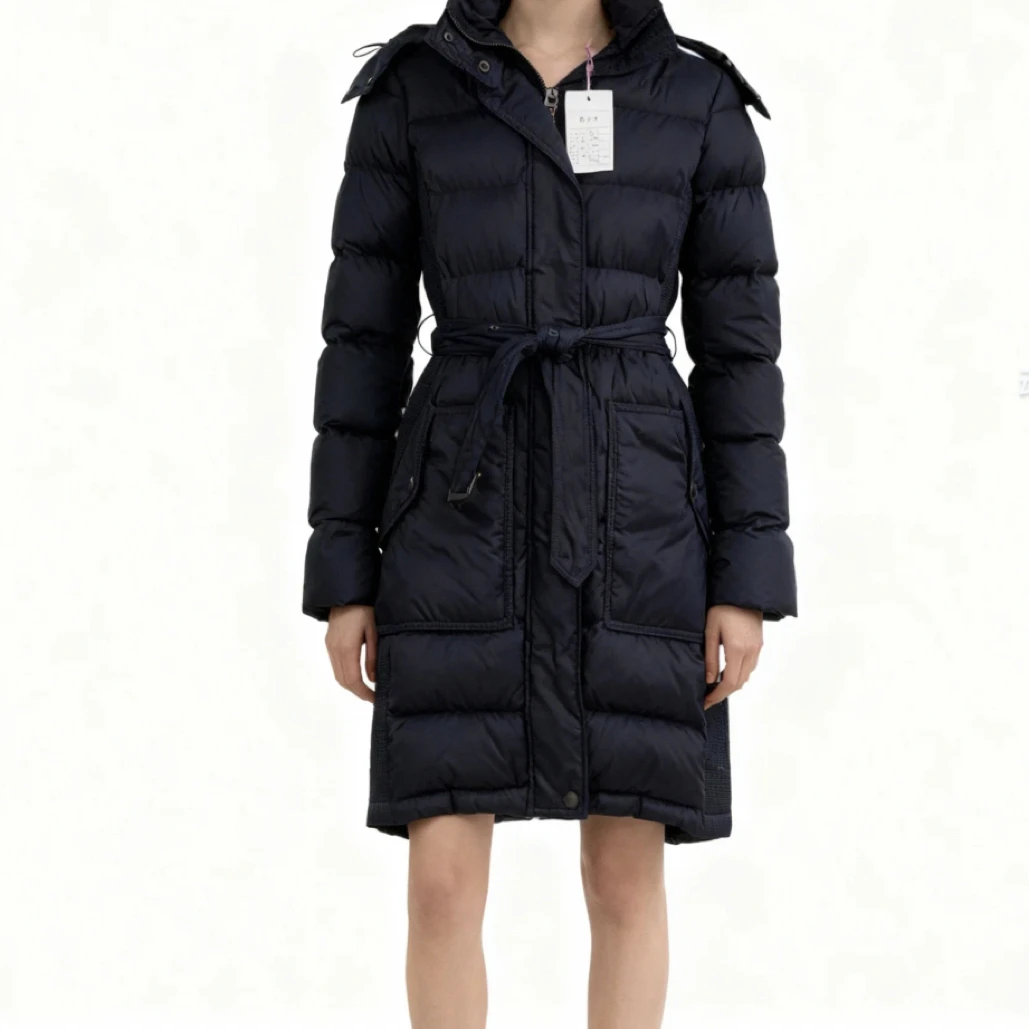 99新 BURBERRY/博柏利 藏蓝色中长款羽绒服/XS码/B01712