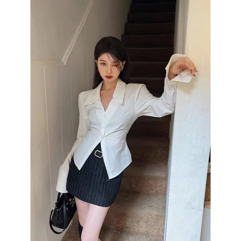 【清衬衫F1006-2238】显瘦百搭V领长袖上衣条纹半身裙