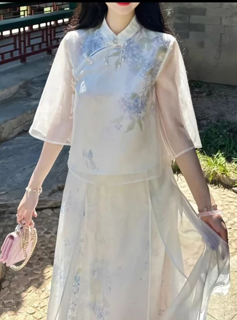 清冷紫藤霓裳套装新中式立领衬衫上衣半身裙两件套夏季新款2025