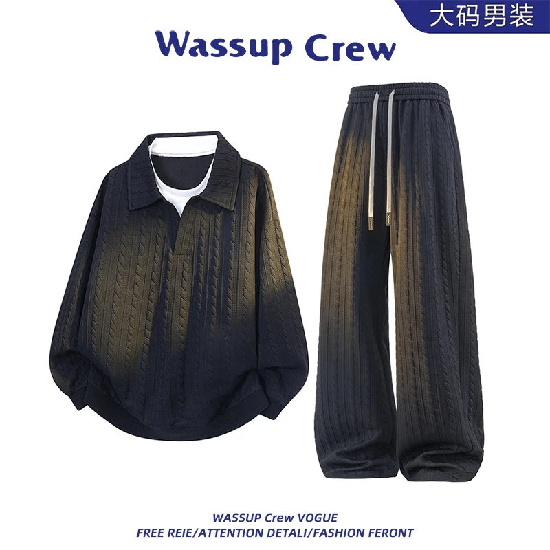 WASSUP CREW男士大码提花卫衣套装春秋季新款美式高级感两件装女