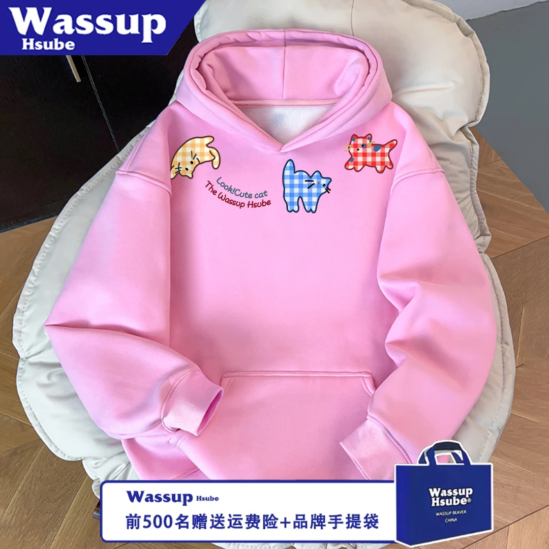WASSUP HSUBE潮流美式宽松三只小猫秋冬印花长袖百搭卫衣情侣上衣