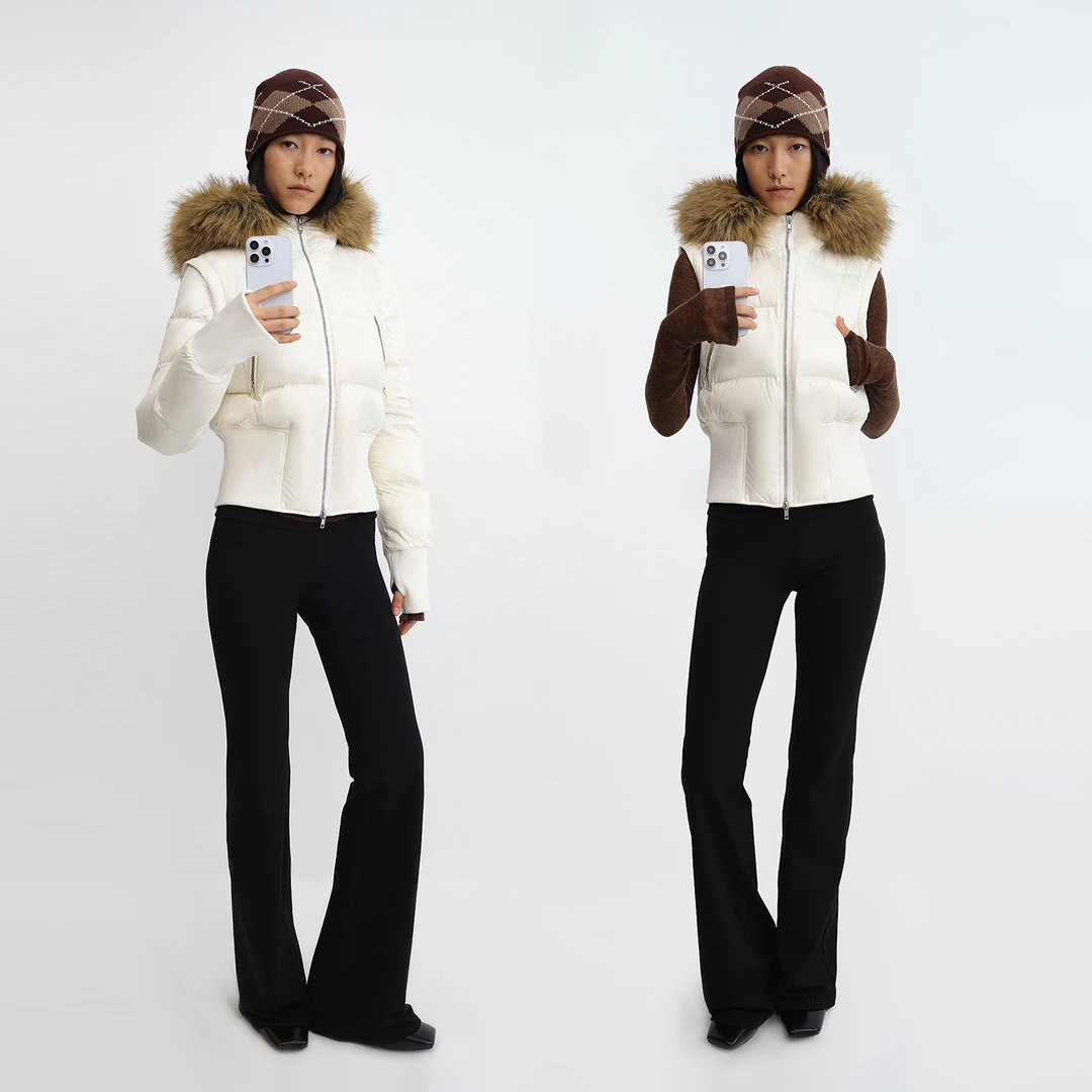 可拆卸袖子大毛领短款收腰羽绒服 米白/黑色