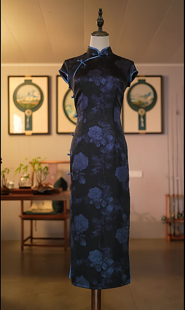 旗袍 长款 复古款(衣长约125cm)长相思 C839(蓝)