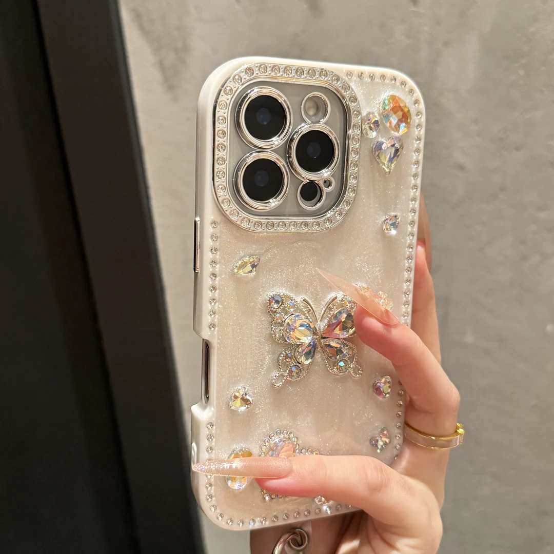 全包水钻边奶油立体蝴蝶适用苹果16promax手机壳iPhone15promax女