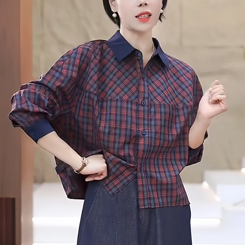 立领红色格子长袖衬衫女2025秋季新款高级感洋气减龄休闲显瘦上衣