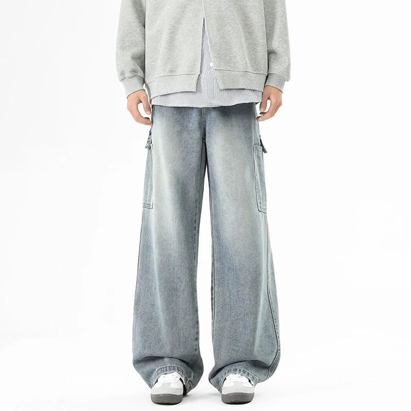 美式复古工装牛仔裤男夏季2025新款多口袋宽松休闲阔腿高街休闲裤