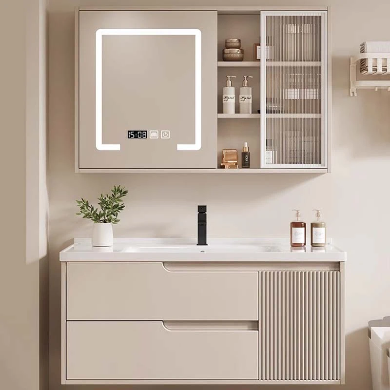 8013橡胶木陶瓷一体盆浴室柜2025新款智能镜柜奶油风卫浴洗漱台