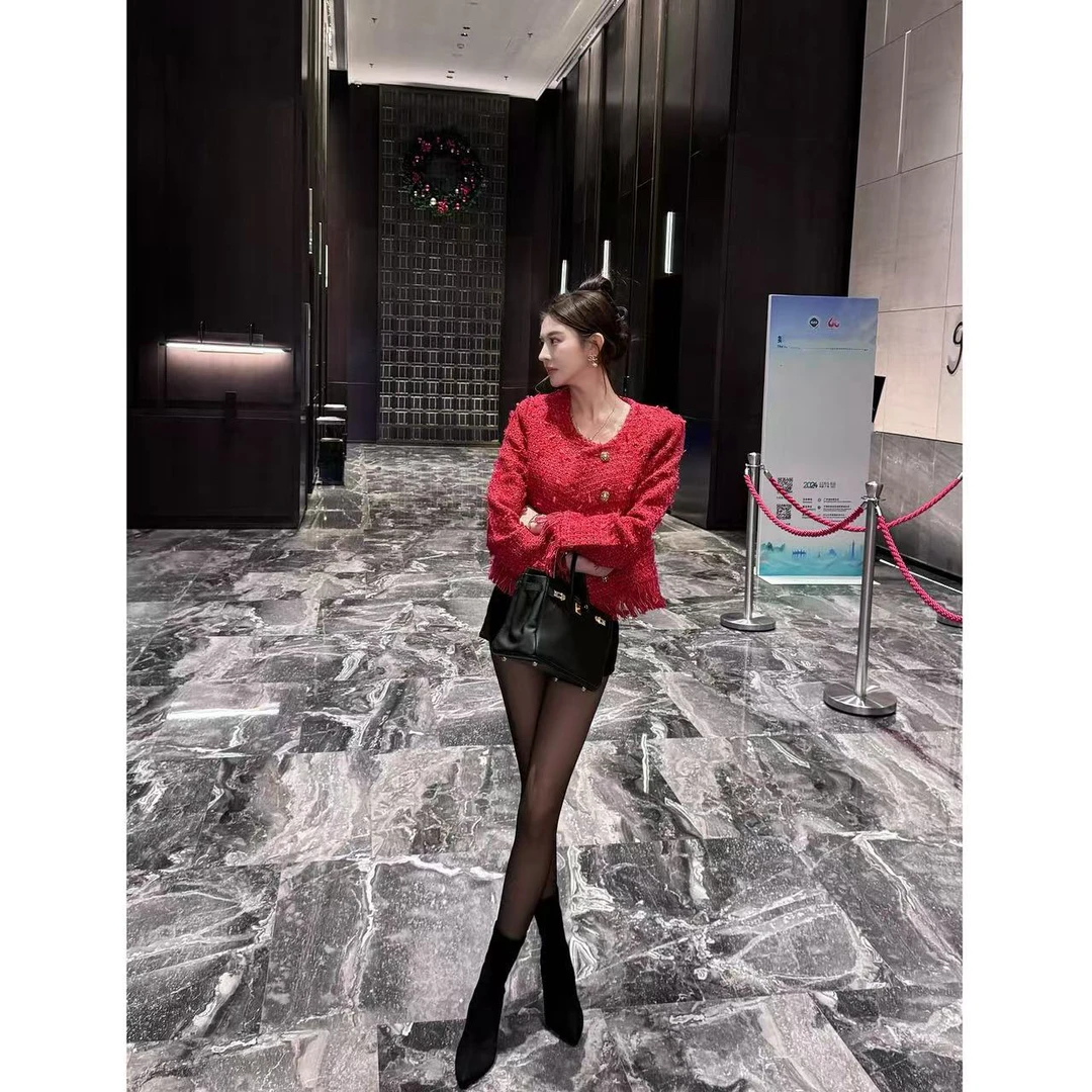 【莉萍服饰】大红色流苏女士小香短款外套