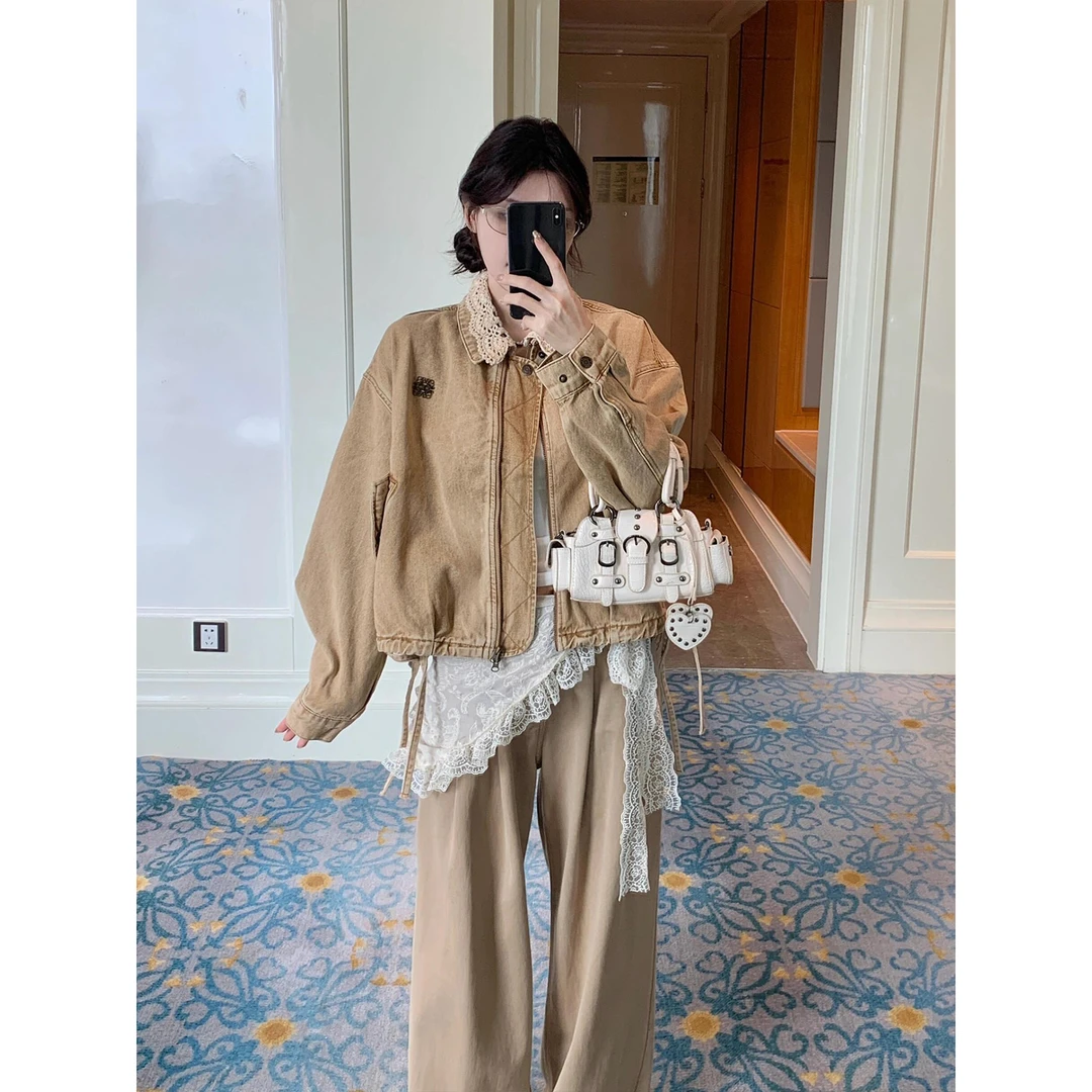 韩系卡其色花苞下摆针织翻领牛仔外套女秋季浪漫蕾丝千金风上衣