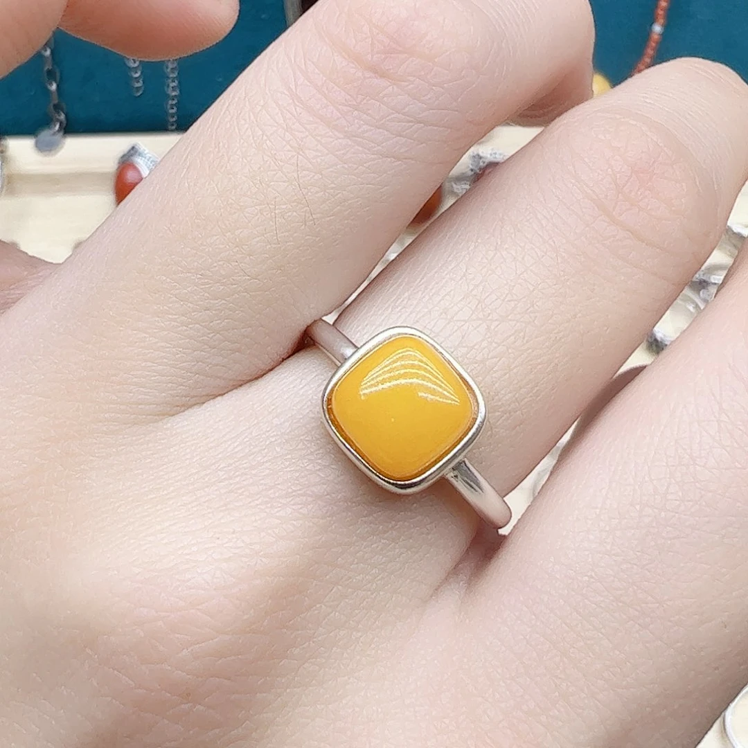 蜜蜡戒指银S925镶嵌天然