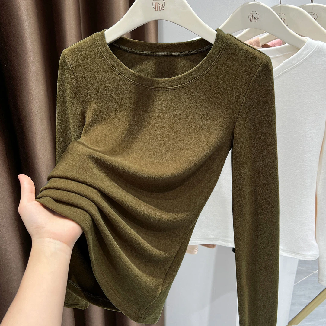 绿色德绒圆领打底衫女爆款2025新款秋冬加厚保暖长袖百搭修身上衣