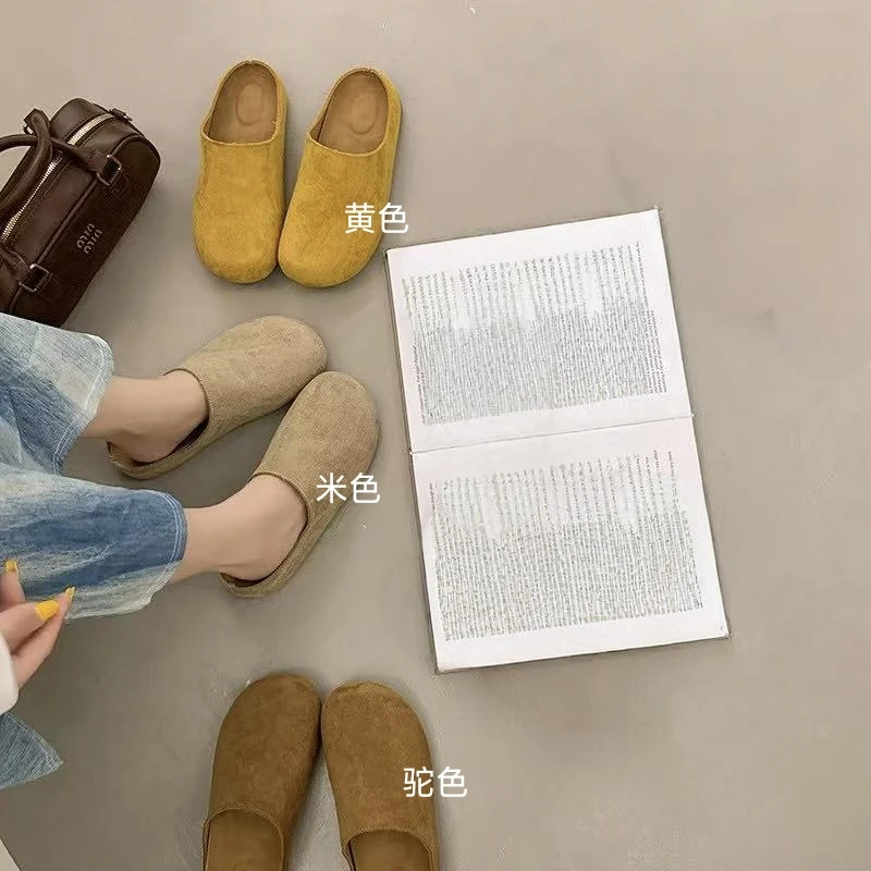 复古勃肯厚底翻毛绒磨砂面半拖鞋