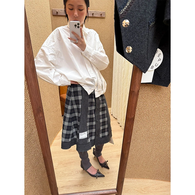 REP-JUNWEILIN设计师品牌 气球廓形领口系带浅咖/白衬衫 25FW新款