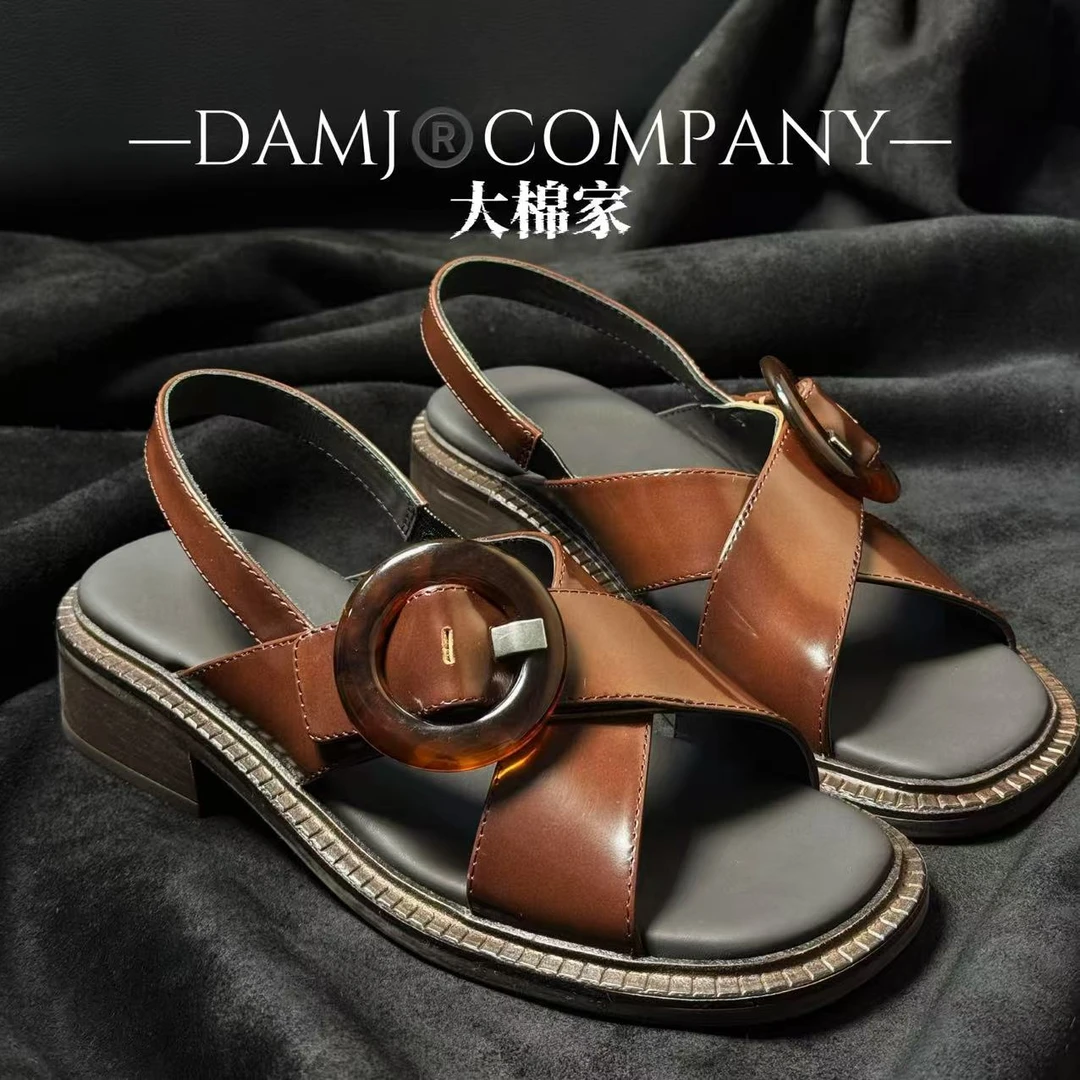 【复古】DAMJ大棉家新款轻奢女士交叉圆扣粗跟玛丽珍P家走秀凉鞋