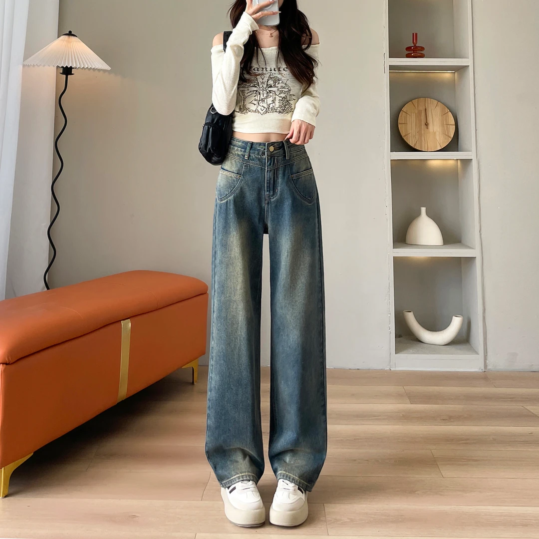 145-155矮小个子阔腿牛仔裤女秋季宽松显瘦学院风少女九分直筒裤