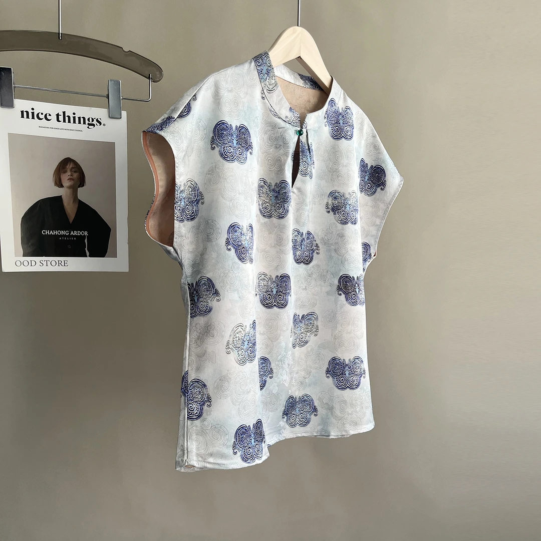 新中式提花短袖衬衫夏新款复古气质老钱风百搭女士国风立领上衣