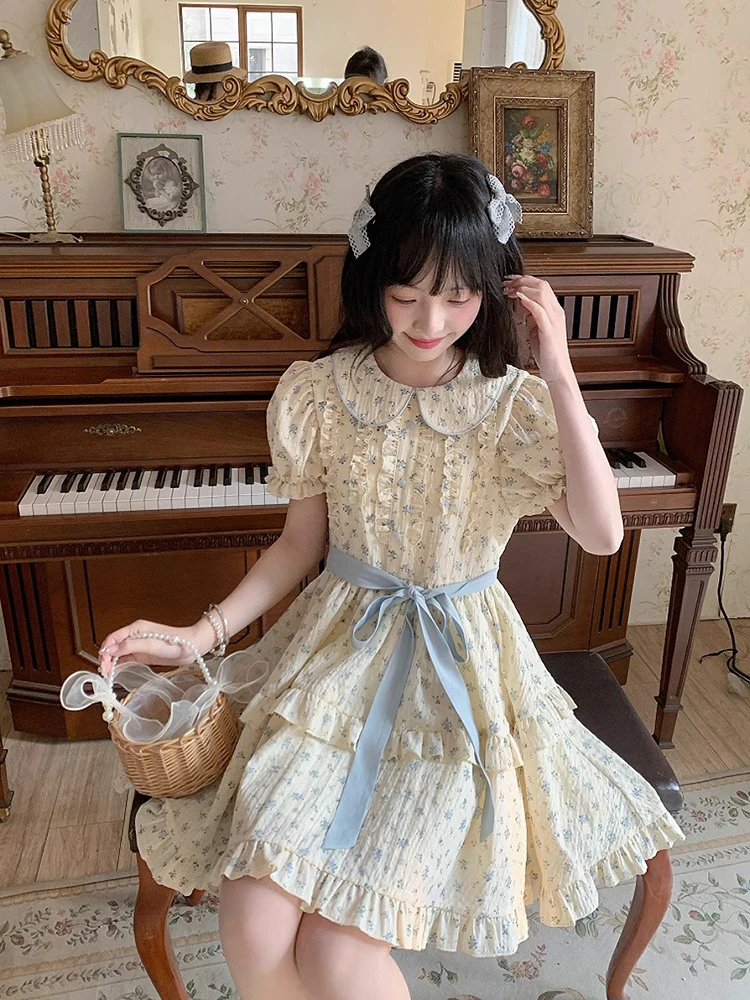 甜美娃娃领蓝色碎花连衣裙女2025夏季田园风收腰显瘦多巴胺短裙子