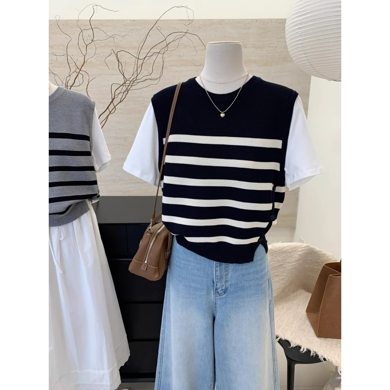 【现货】十三行春季新款拼接假两件短袖条纹针织衫女显瘦套头上衣
