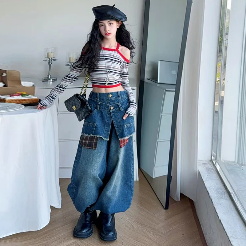 女童早秋套装甜辣露肩条纹上衣打底衫美式弯刀牛仔裤马鞍裤2025新