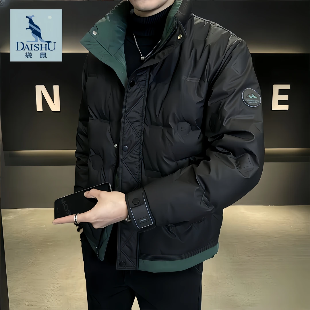 Dai Shu/袋鼠冬季男士拼色立领羽绒服休闲立领加厚保暖白鸭绒外套