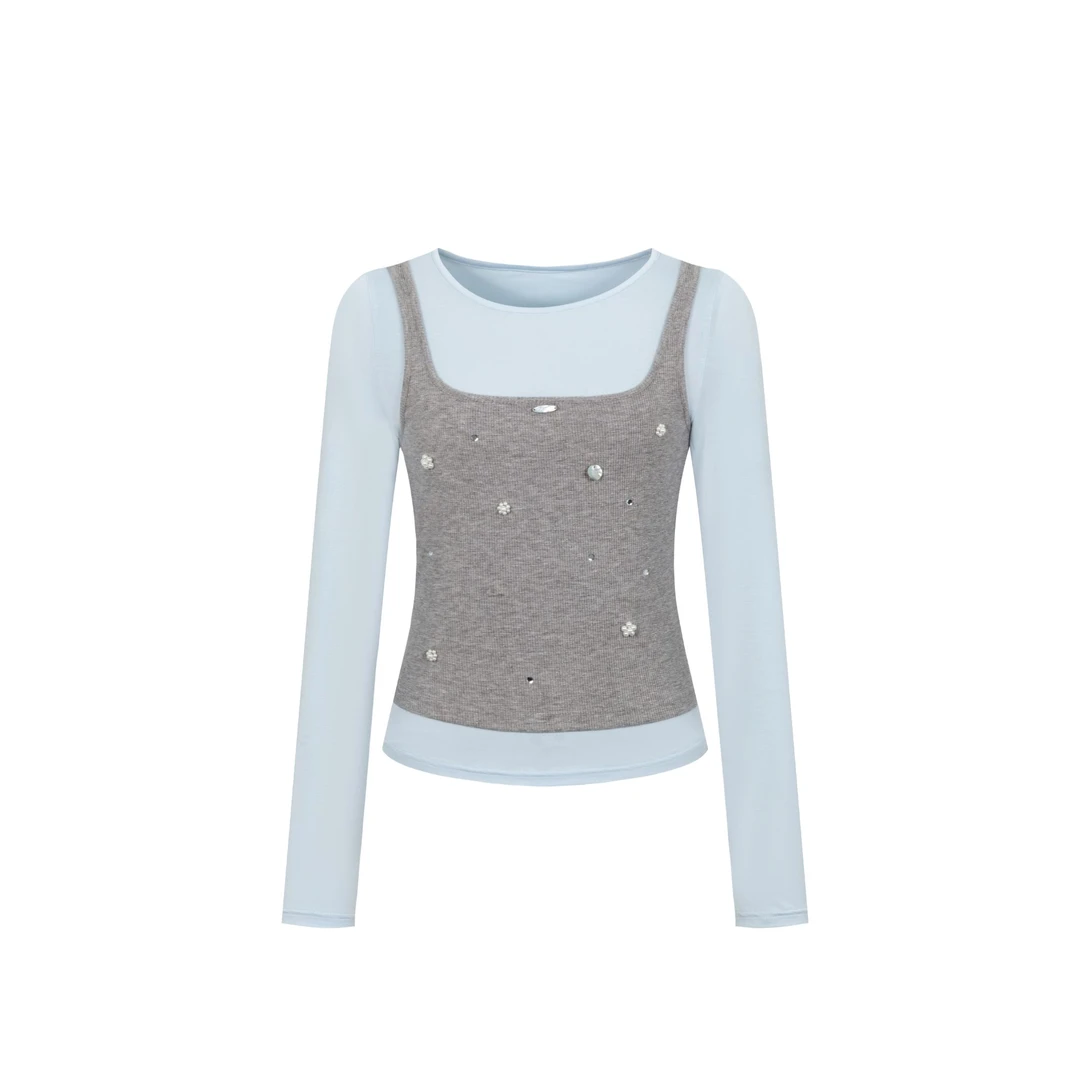 【品牌专属】蓝色真两件学院风手工钉珠长袖百搭T恤1174