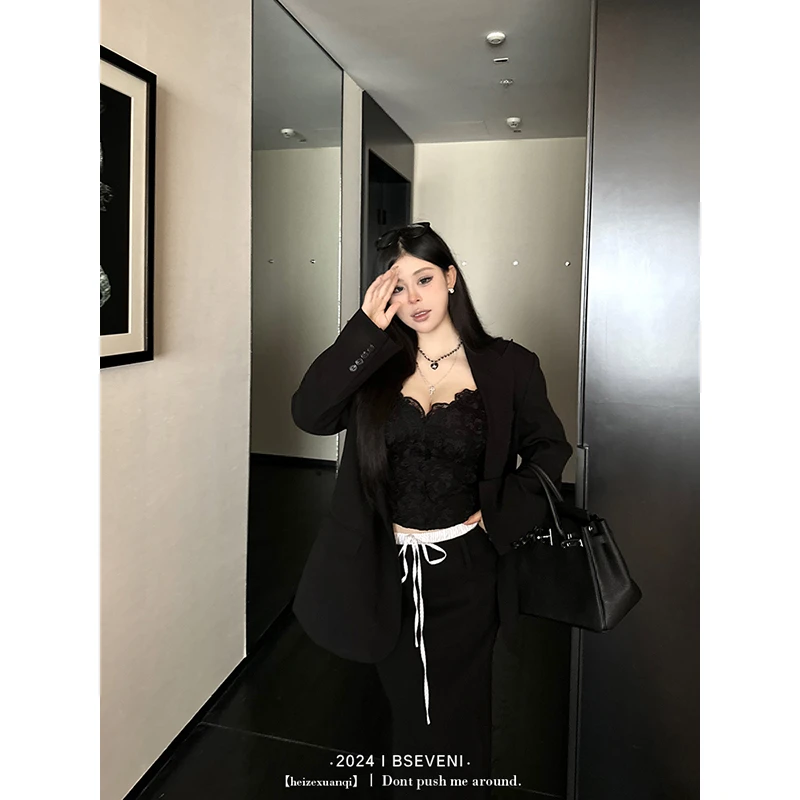 黑泽玄七西装套装2024秋冬新款微胖遮肉显瘦通勤正肩毛呢外套女