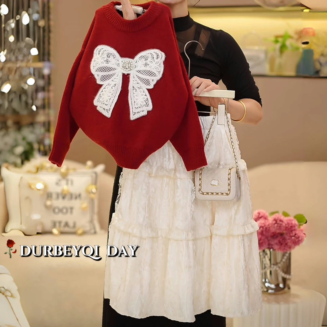 DURBEYQI/朵贝奇女童2025冬季新款钩花蝴蝶结毛衣丝绒裙套装5048