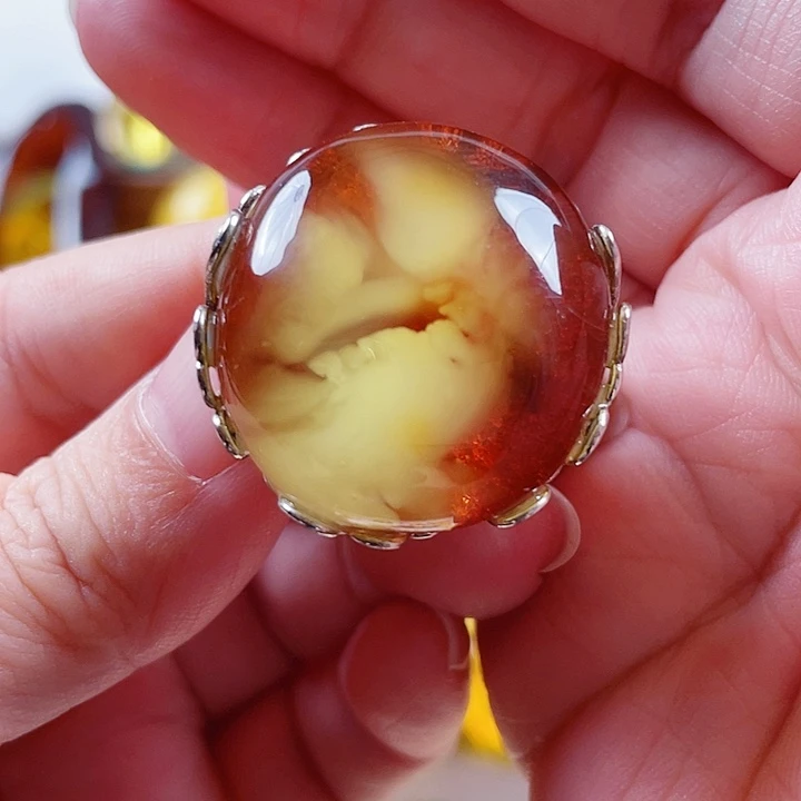 琥珀银S925镶嵌裸石戒指