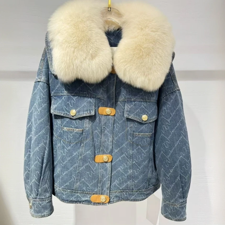 字母短款直筒型冬季大毛领潮流韩版牛仔短外套百搭（3026）