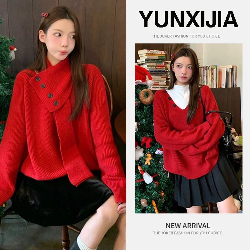 过年穿搭一整套2025冬季新款时尚设计感简约针织毛衣外穿女