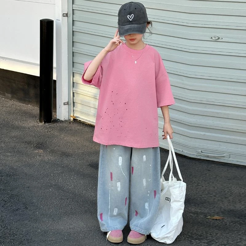 女童夏季短袖T恤2025新款儿童夏装宽松休闲中大童女孩半袖上衣潮