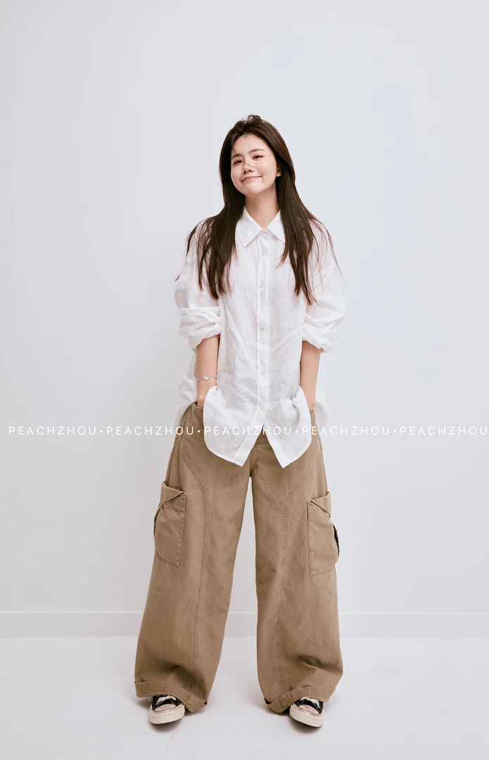 『PEACHZHOU』高密工装口袋水洗宽松牛仔裤松紧腰美式休闲阔腿长裤