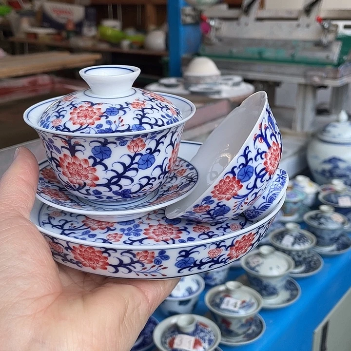 青花釉下彩盖碗杯子壶承