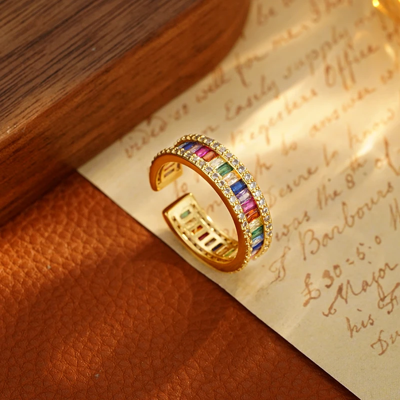 铜合金合成锆石戒指 2218【梦幻彩虹】轻奢彩色几何开口可调节戒指