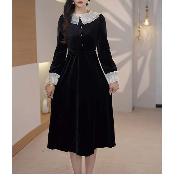 L5635秋季新款名媛气质丝绒连衣裙洋气娃娃领设计感小众显瘦裙子