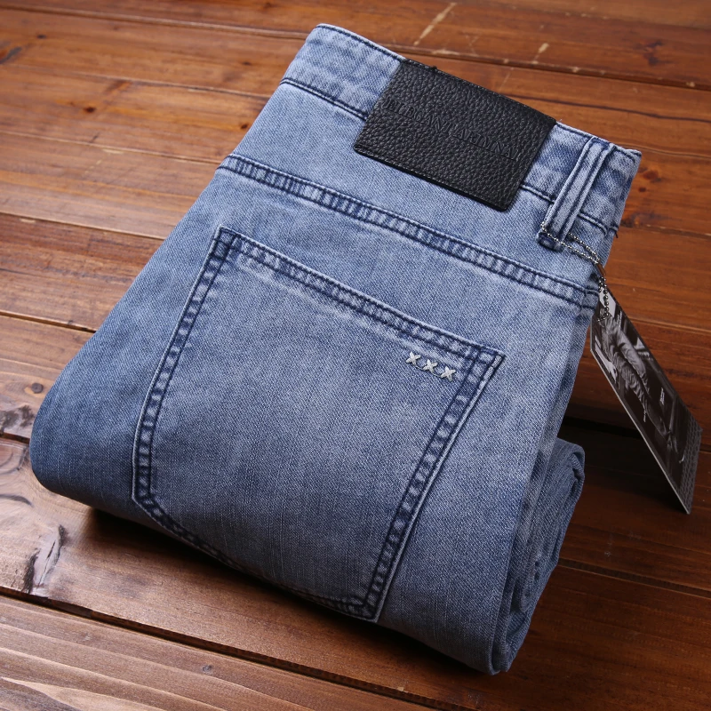 夏季薄牛仔裤男美式休闲定织微弹简约百搭浅蓝色直筒修身长裤