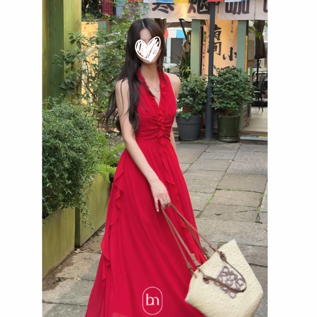 法式经典红色收腰连衣裙优雅减龄荷叶边设计长裙