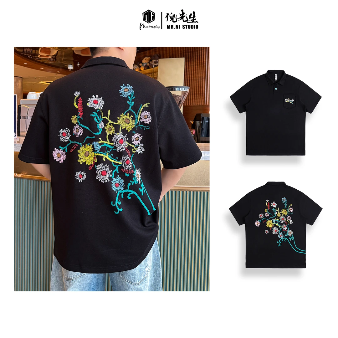 MR.NI/倪先生「花开半夏」中式花卉系列绿松石盘扣国风翻领Polo短袖